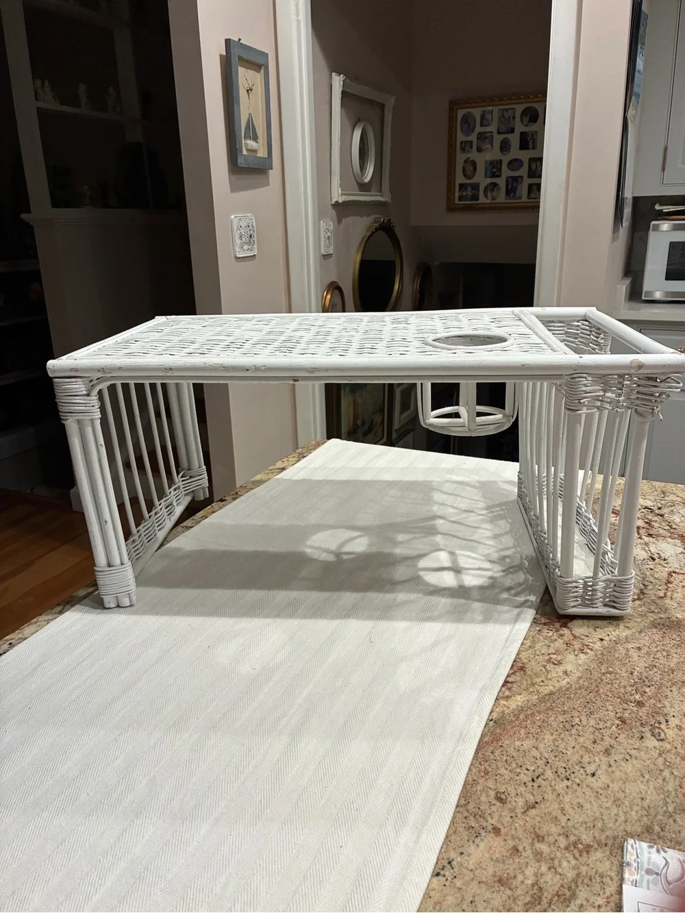 Vintage White Wicker Lap Breakfast Tray with Cup Holder